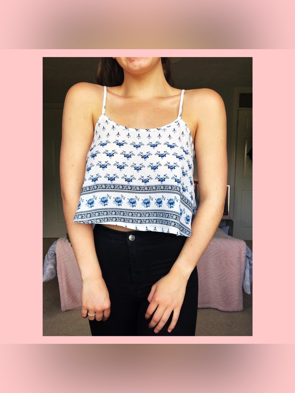 Divided White & Blue Floral Lightweight Semi Sheer Spaghetti Strap Camisole XS